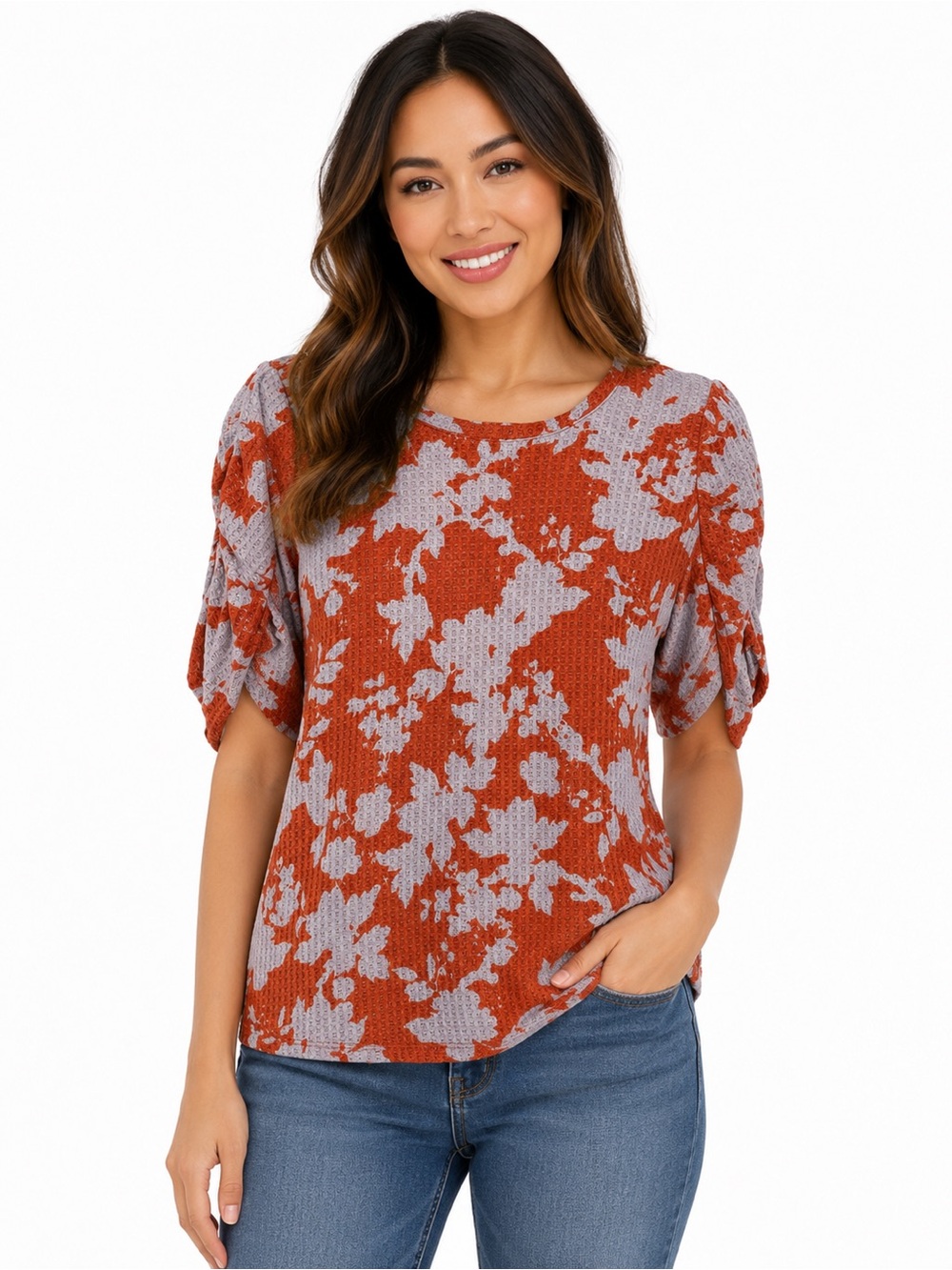 Rust Floral Print Short Sleeve Women's Top - 0801